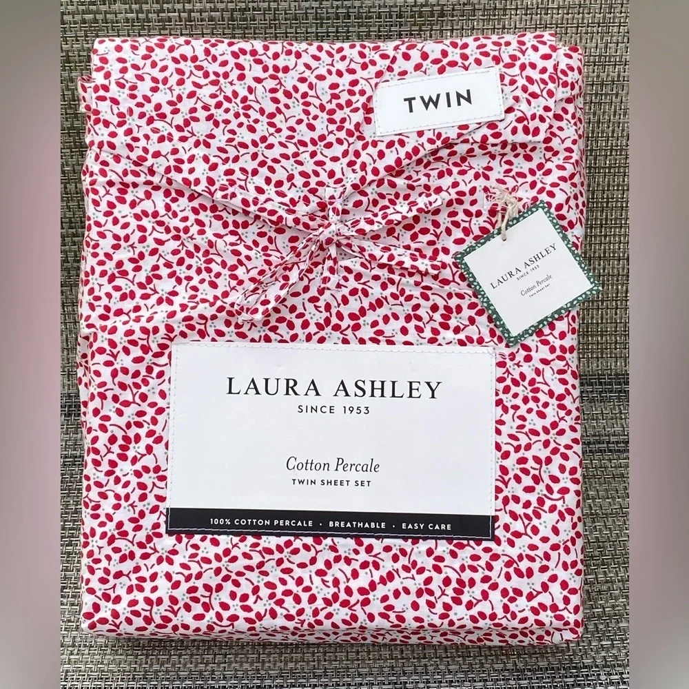 Laura Ashley Jolly Holly Holiday Red Floral TC200 Cotton TWIN Sheet Set 3pc